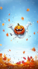 Naklejka premium A cute watercolor ghost with a pumpkin head joyfully floats amidst colorful autumn leaves. The lively scene captures the essence of Halloween and the seasonal atmosphere