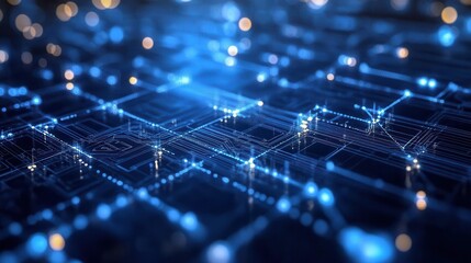 Abstract digital circuit board with glowing lines and nodes.