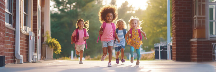 A group of joyful children rushes out of the school building, laughing and chatting as they head towards the playground. It's a sunny afternoon filled with energy and excitement