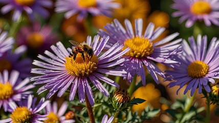 Obraz premium Close-up asters flowers with bee collecting nectar. Sunny floral garden natural abstract background with violet, purple petals and yellow pollen in autumn.