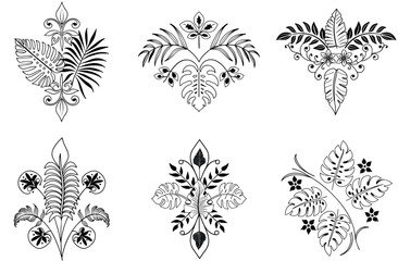 Fototapeta premium Tropical leaves botanical ornament vector set black and white line art