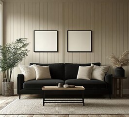 Modern Living Room with Black Sofa, Neutral Decor, and Green Plants in Minimalist Style