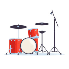 A vibrant red drum set featuring a bass drum, snare drum, and cymbals against a white background, perfect for music enthusiasts and aspiring drummers.