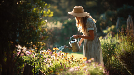 A young mother gently waters colorful flowers in a lush garden at sunset, showcasing her nurturing spirit and love for gardening amidst the beautiful blooms and plants