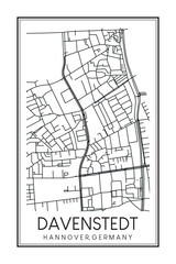 Hand drawn printable downtown road map poster of borough DAVENSTEDT of the German city of HANOVER on solid white background with city name