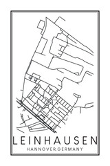 Hand drawn printable downtown road map poster of borough LEINHAUSEN of the German city of HANOVER on solid white background with city name