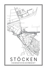 Obraz premium Hand drawn printable downtown road map poster of borough STÖCKEN of the German city of HANOVER on solid white background with city name