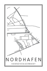Hand drawn printable downtown road map poster of borough NORDHAFEN of the German city of HANOVER on solid white background with city name