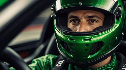 Close-up of race car driver inside green sports car. Driver in helmet, intense eyes visible, focused.