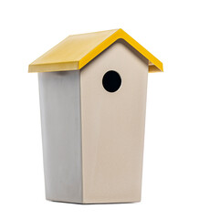 Modern birdhouse with yellow roof providing shelter and nesting space