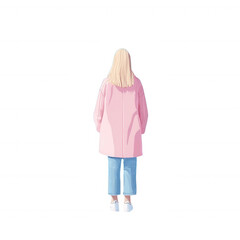 A woman with long blonde hair wearing a pink coat and blue jeans is standing casually facing away. The background is a clean white, emphasizing her relaxed stance.