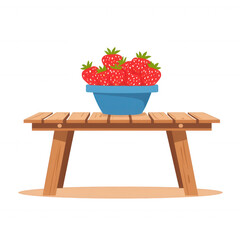 A wooden table displays a blue bowl filled with fresh, red strawberries, creating a vibrant and inviting scene perfect for summer recipes or healthy eating topics.