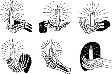 Collection of skeleton hands holding burning candles with radiating light black and white