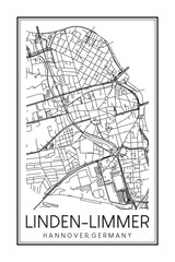 Fototapeta premium Hand drawn printable downtown road map poster of borough LINDEN-LIMMER of the German city of HANOVER on solid white background with city name
