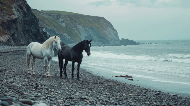 Two horses walk leisurely along the seashore, their hooves leaving prints in the wet sand. The rocky cliffs provide a dramatic backdrop as waves lap gently at the shore