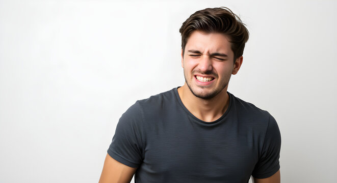 A man with a pained expression, holding his head in discomfort, against a neutral background.