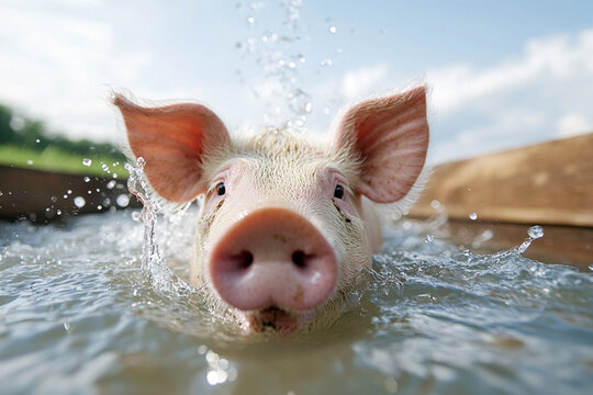 Pig drinking from trough, water splash captured in motion 
