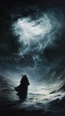 Fototapeta premium A solitary figure confronts a turbulent, ominous sky.