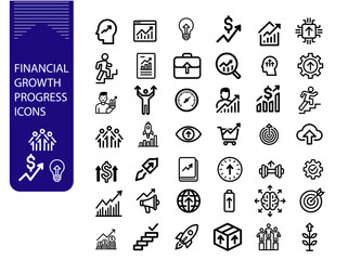 Set of outline icon related to financial progress, growth, efficiency. Linear icon collection.  Vector illustration