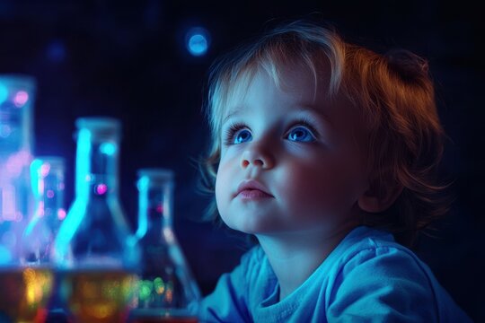 Child fascinated by glowing laboratory flasks during a colorful science experiment at night