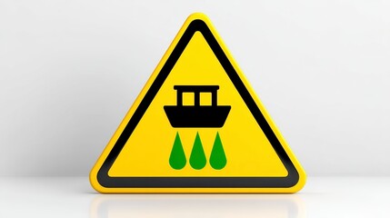 3D Render of a Yellow Triangular Warning Sign Sinking Boat and Green Drops