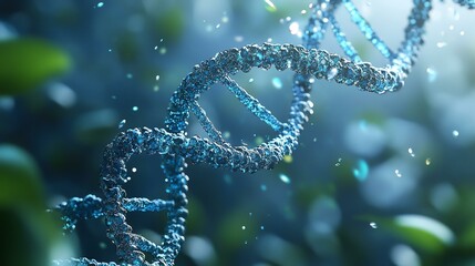 Close-up of a DNA double helix surrounded by ethereal elements and vibrant green, symbolizing genetic research and life.