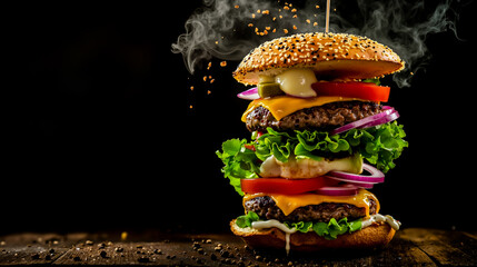 A hamburger with cheese lettuce tomato onion and pickles on a bun