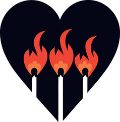 Heart-shaped lit matches kissing each other — a visual abstraction of love and sacrifice.