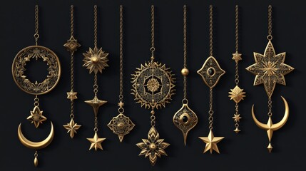 golden middle eastern hanging ornaments, traditional architectural elements, detailed geometric patterns, decorative star and crescent designs, intricate metalwork style, ceremonial art pieces
