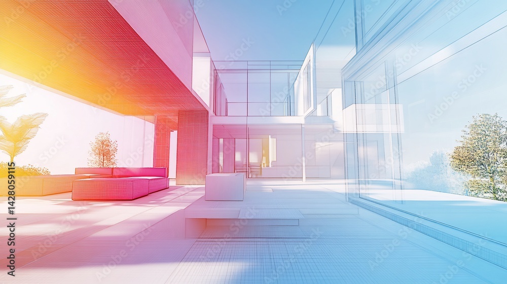 Poster architectural rendering of a modern multi-level house with colorful overlay and abstract lines