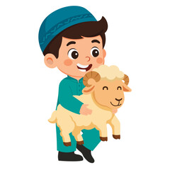 Happy Boy Carrying a Sheep Celebrate Eid Al Adha Illustration