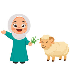 Girl with Sheep Celebrate Eid Al Adha Illustration