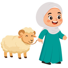 Cheerful Girl Walking a Sheep Celebrate Eid Al Adha Illustration