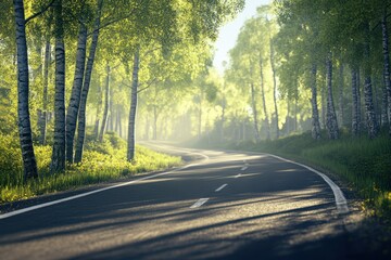 Obraz premium Serene winding road through lush green birch forest during early morning sunlight
