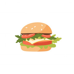 Delicious hamburger with lettuce, tomato, and cheese, served on a sesame seed bun, white isolated background.
