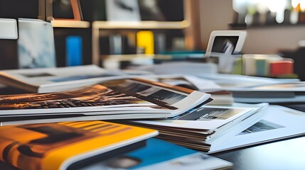 Printed catalogs and marketing materials on a desk symbolize branding and design creativity
