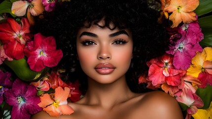 Stunning Black Woman Surrounded by Vibrant Flowers
