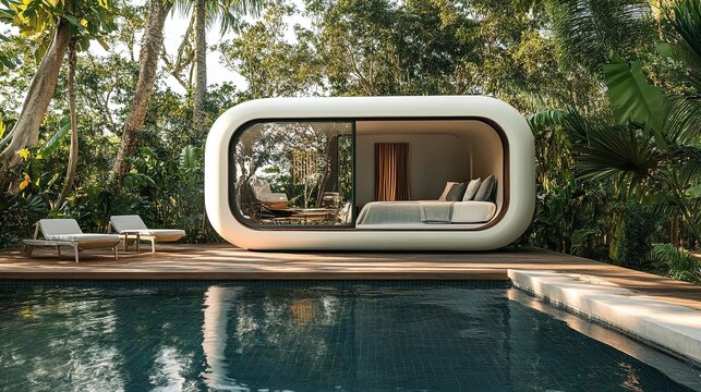 portable pod beside tropical pool .