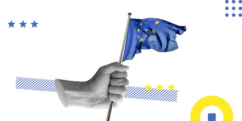 European Union flag in raised hand, representing European unity and vision. Politics, community, or international cooperation. Minimalistic art collage