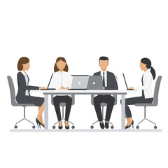 Group of four professionals engaged in a meeting around a conference table with laptops, showcasing teamwork and collaboration in a modern office setting.