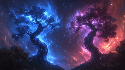 Obraz premium Celestial Trees: A Night of Dualities