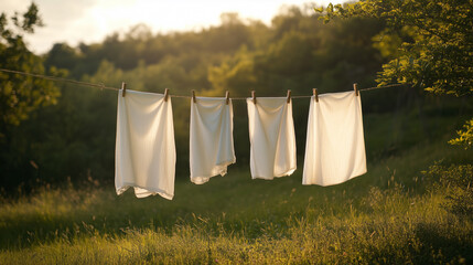 White fabric drying on clothesline in morning light