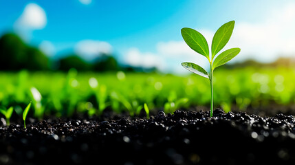 A small green plant growing out of the ground in a field