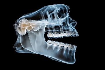 The patient's jaw and teeth are being examined with a panoramic x-ray and 3D scan model at the dentist office in Stocke