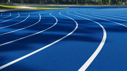 Blue running track with white lanes curving away from the viewer