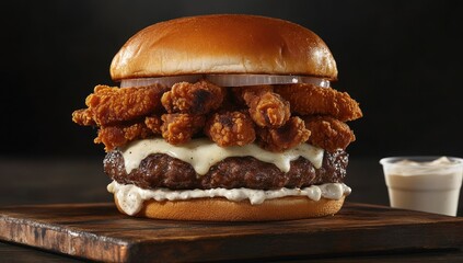 Large burger with fried onions and sauce on a wooden board.