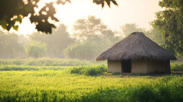 A traditional thatched-roof hut stands quietly amidst lush green fields, bathed in soft morning sunlight and surrounded by trees, evoking a serene and rustic village atmosphere.