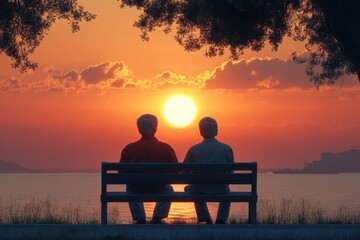 Obraz premium Senior couple enjoying a peaceful sunset together by the water in a serene outdoor setting