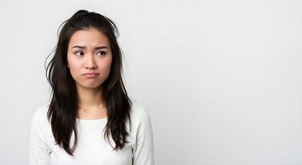 A woman with a skeptical expression, looking to the side, against a plain background, conveying doubt or uncertainty.