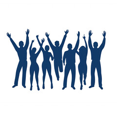 Fototapeta premium Silhouettes of diverse individuals celebrating with arms raised, conveying joy, unity, and teamwork against a white background.
